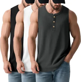 3 Pcs Men's Big and Tall Tank Top Ribbed Plus Size Sleeveless Henley Shirt Crewneck T Shirt 1X-5X