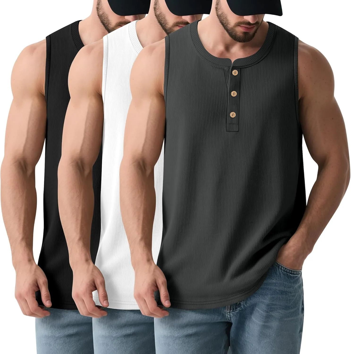 3 Pcs Men's Big and Tall Tank Top Ribbed Plus Size Sleeveless Henley Shirt Crewneck T Shirt 1X-5X