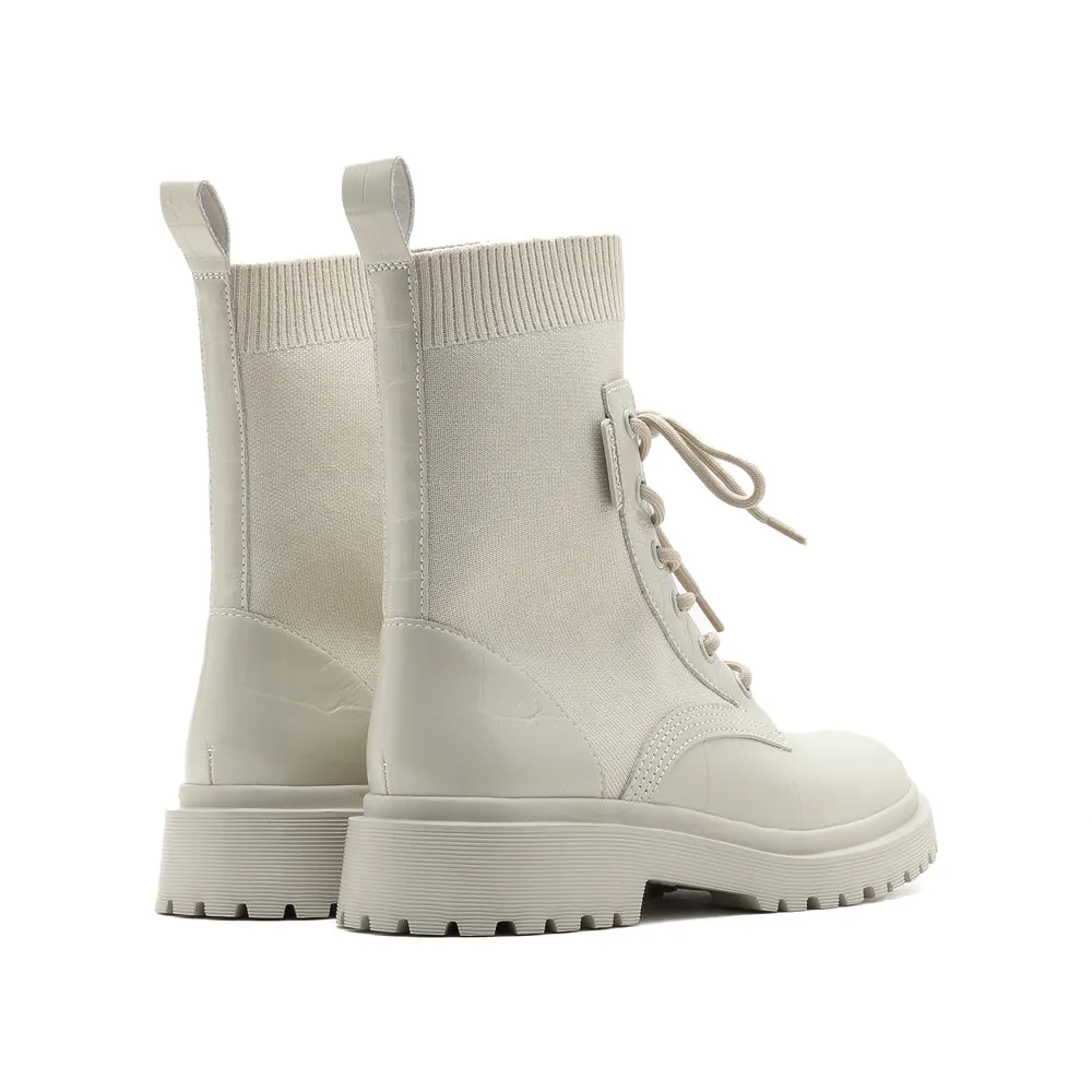 Beige Lace-Up Knitted Combat Sock Boots