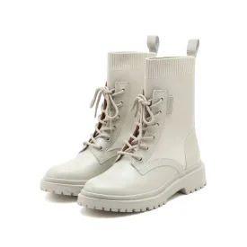 Beige Lace-Up Knitted Combat Sock Boots