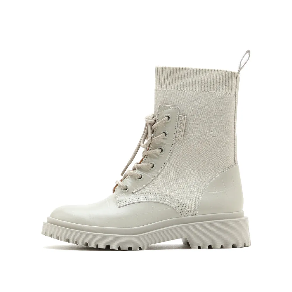 Beige Lace-Up Knitted Combat Sock Boots