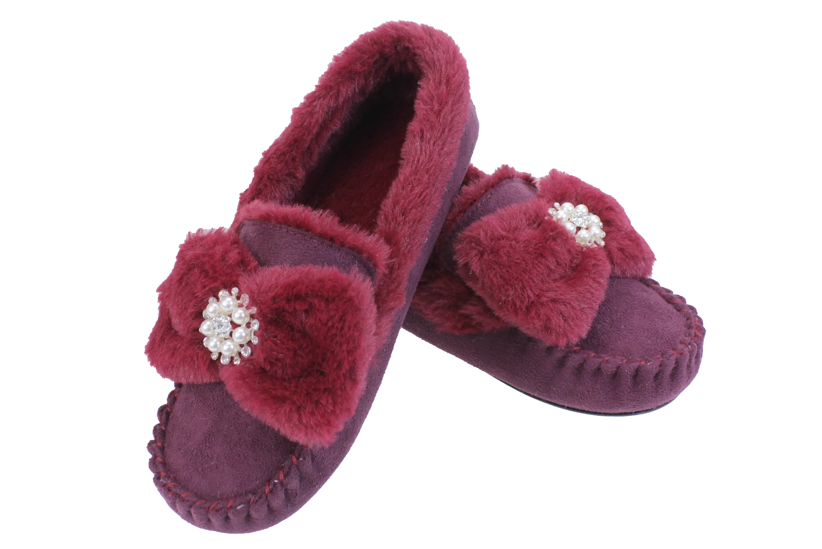Brandwell Luxury Ladies Plush Moccasin Slippers Ruby 6-7