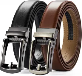 CHAOREN Men's Leather Ratchet Belt Pack of Two - Black, One Size - Adjustable, Scratch Resistant, Luxury Packaging