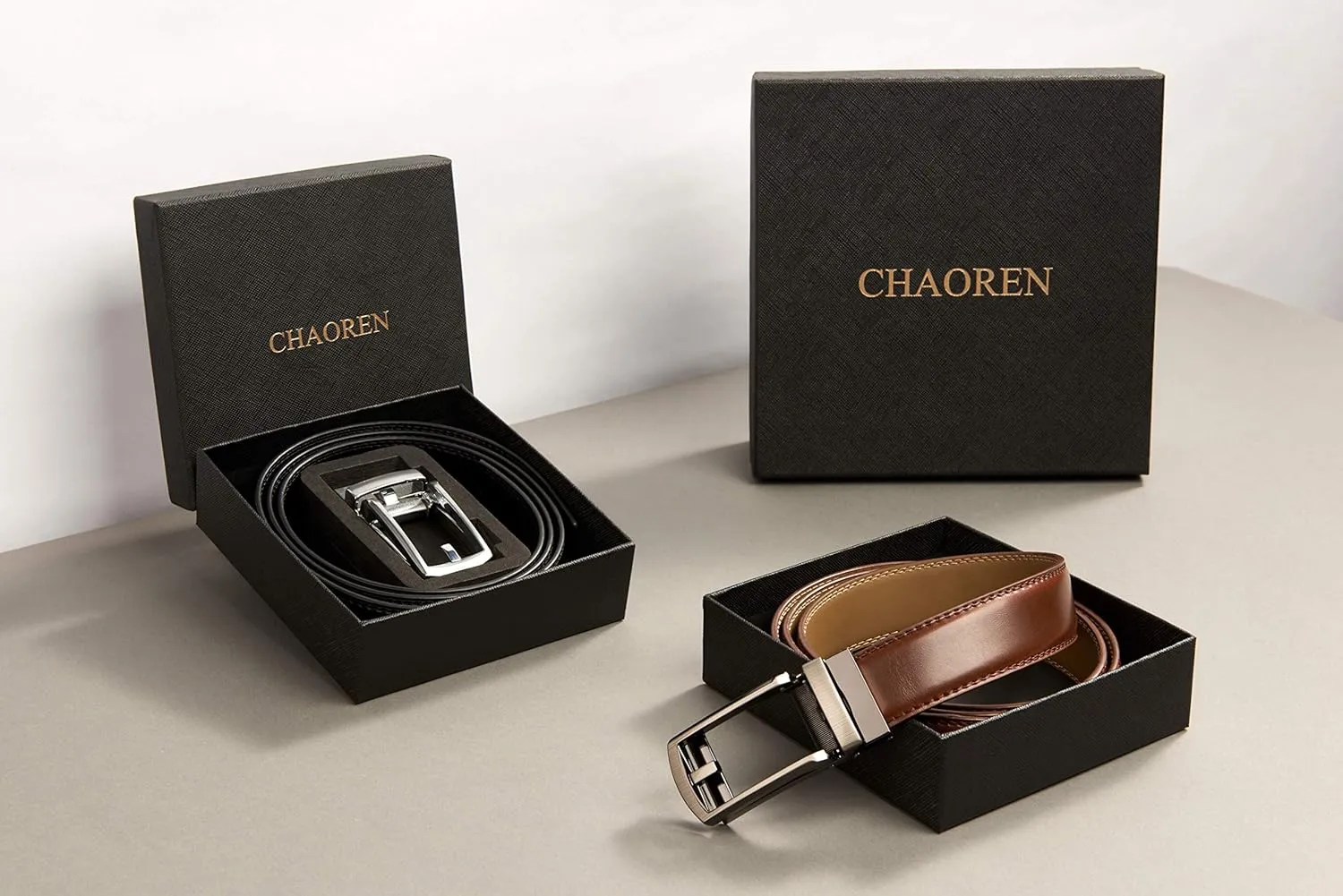 CHAOREN Men's Leather Ratchet Belt Pack of Two - Black, One Size - Adjustable, Scratch Resistant, Luxury Packaging
