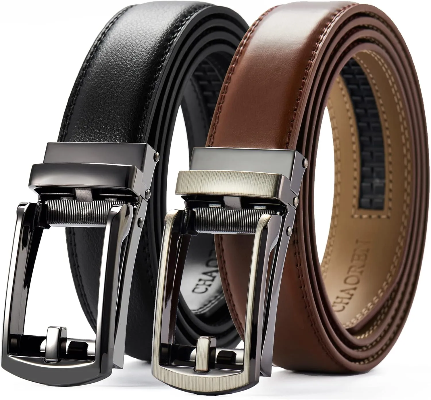 CHAOREN Men's Leather Ratchet Belt Pack of Two - Black, One Size - Adjustable, Scratch Resistant, Luxury Packaging