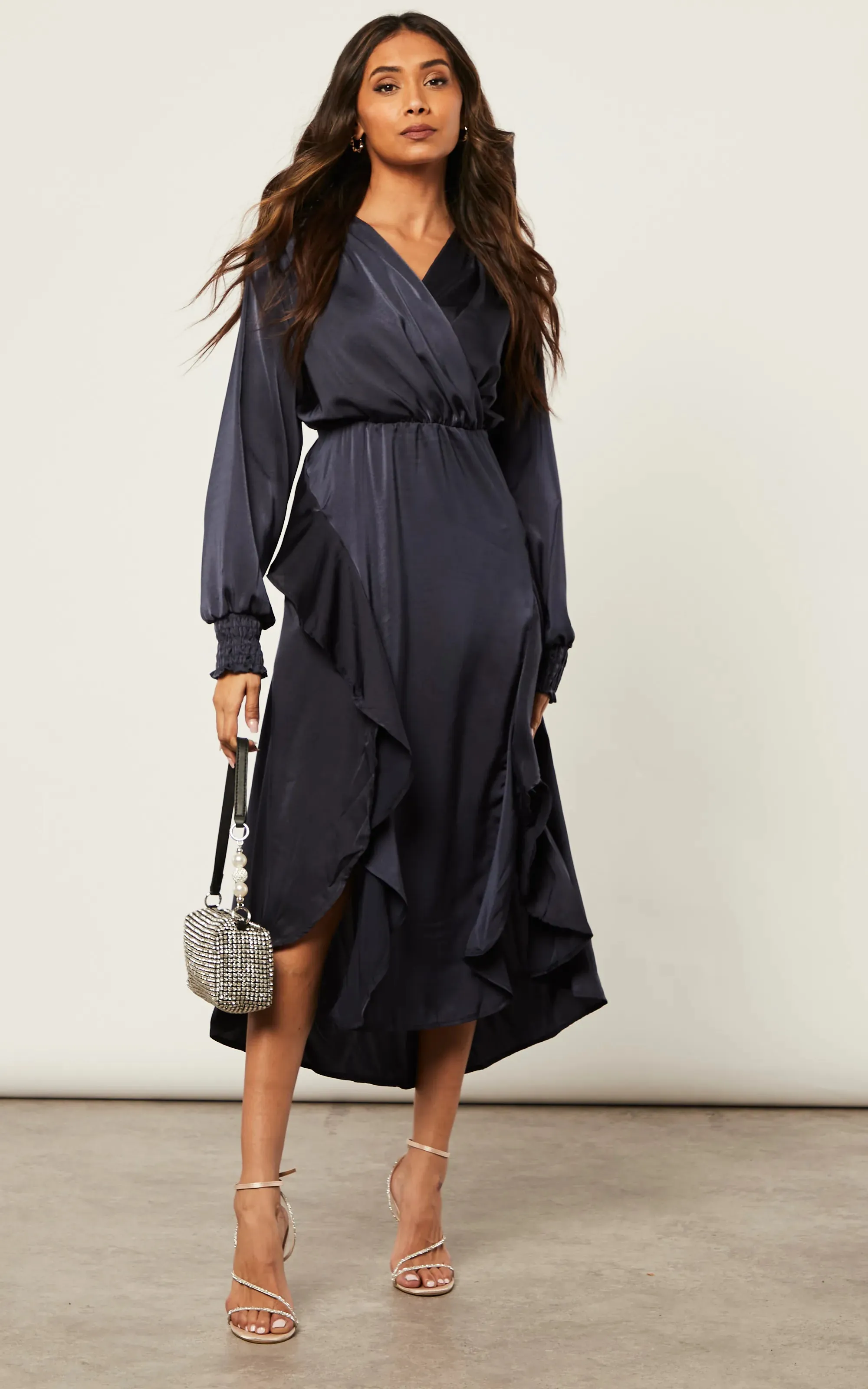 Frill Accent Slit Midi Dress in Navy
