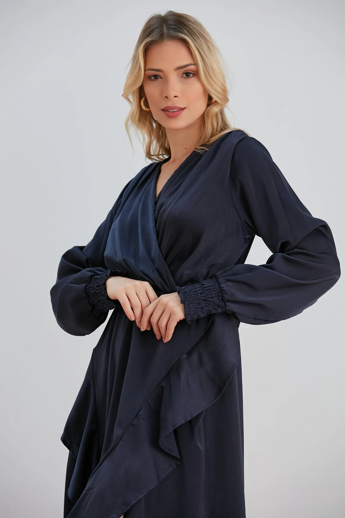 Frill Accent Slit Midi Dress in Navy