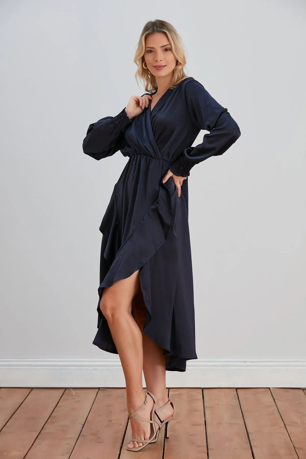 Frill Accent Slit Midi Dress in Navy
