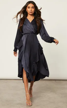 Frill Accent Slit Midi Dress in Navy