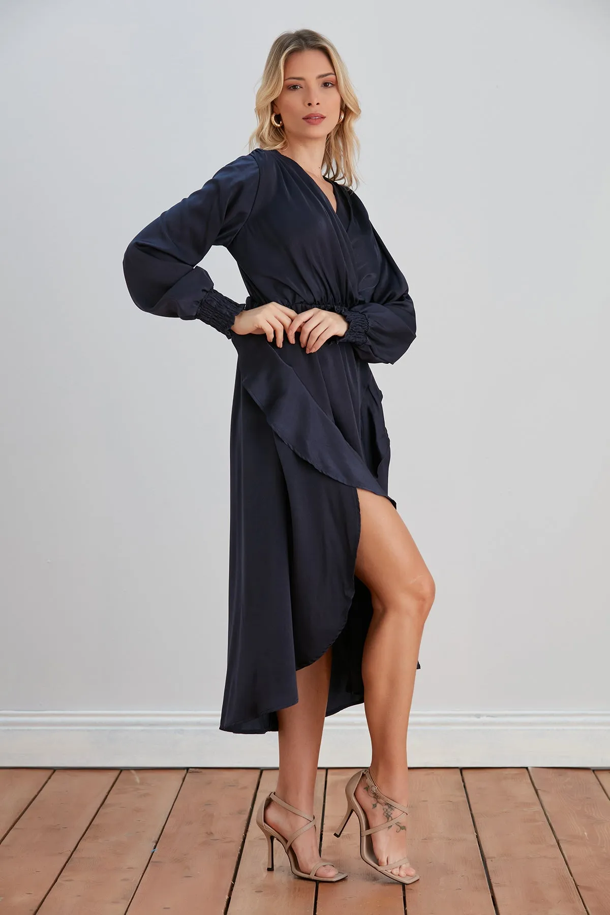 Frill Accent Slit Midi Dress in Navy
