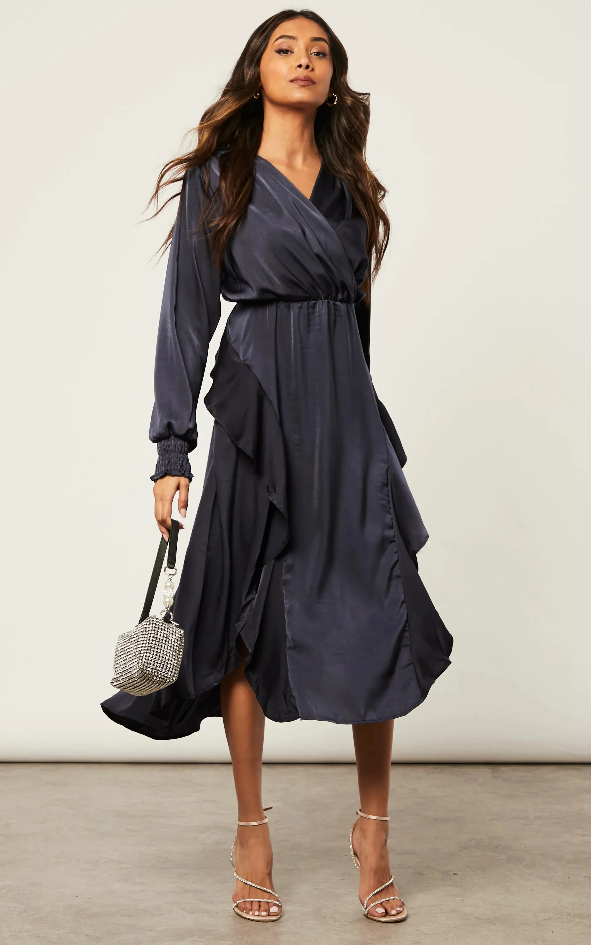 Frill Accent Slit Midi Dress in Navy