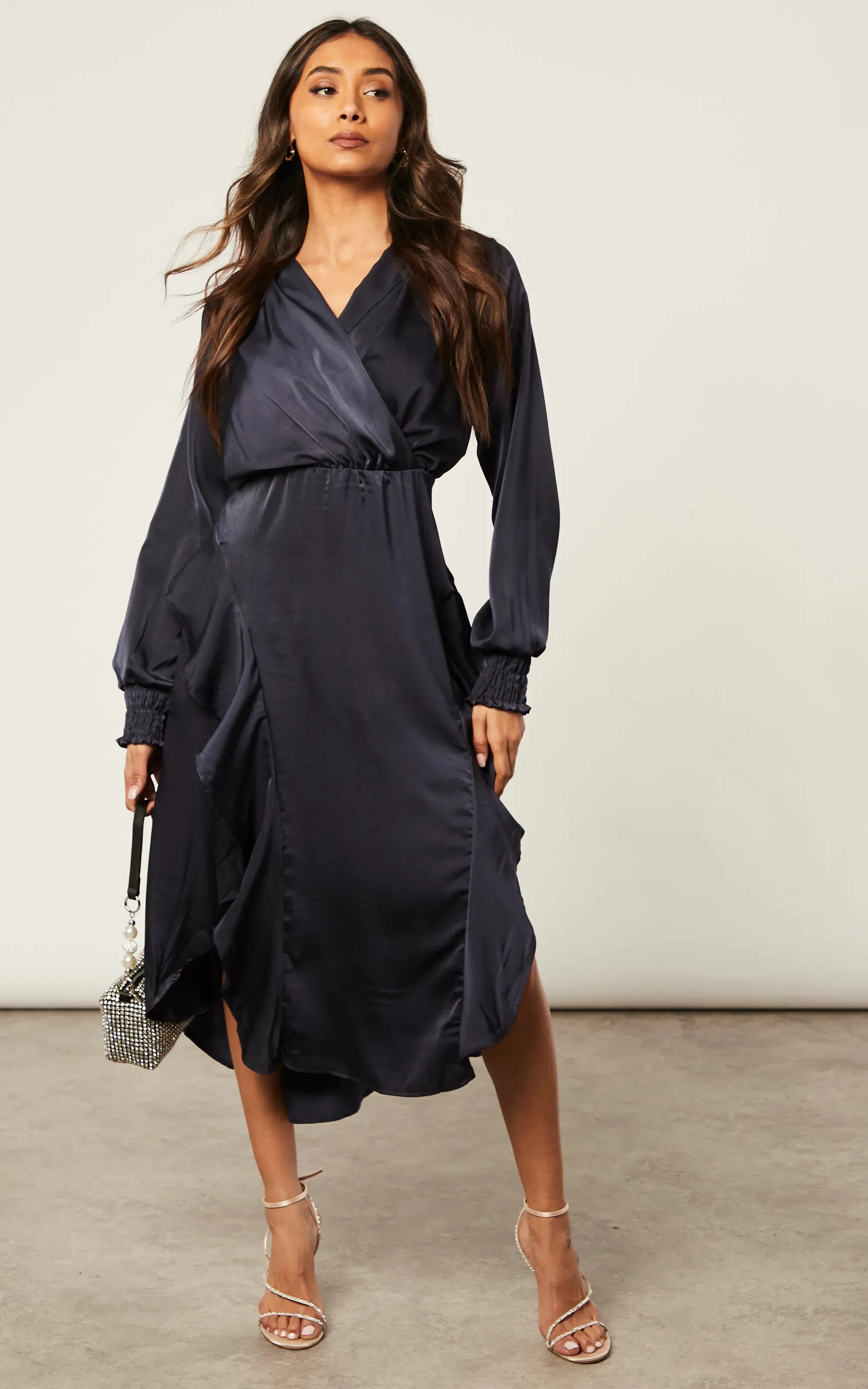 Frill Accent Slit Midi Dress in Navy