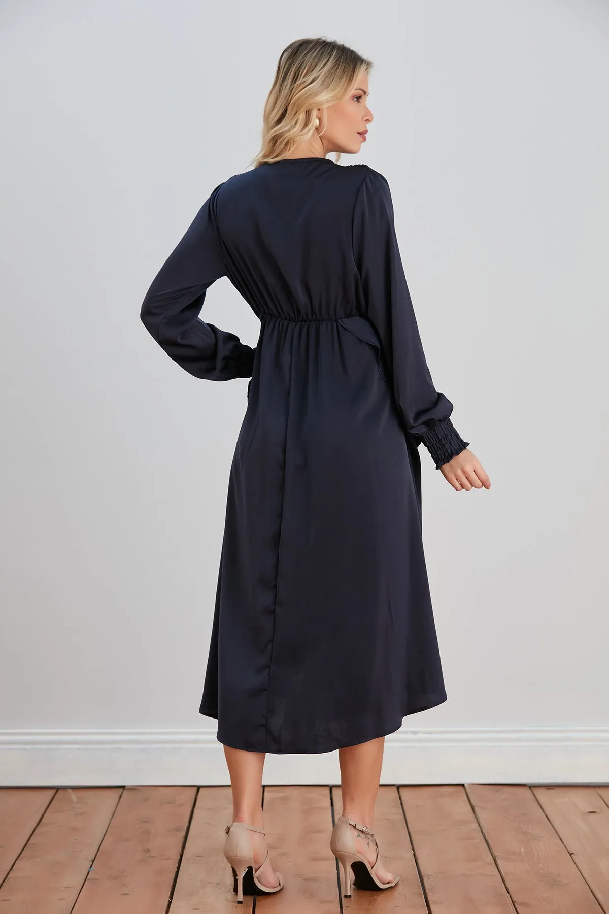 Frill Accent Slit Midi Dress in Navy