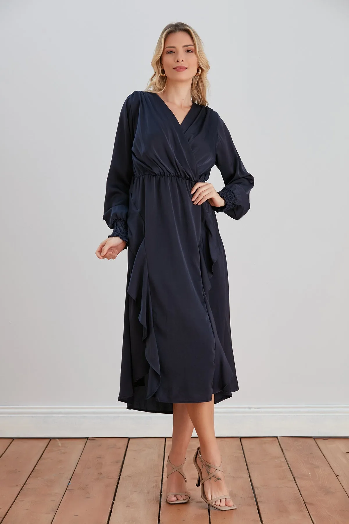 Frill Accent Slit Midi Dress in Navy