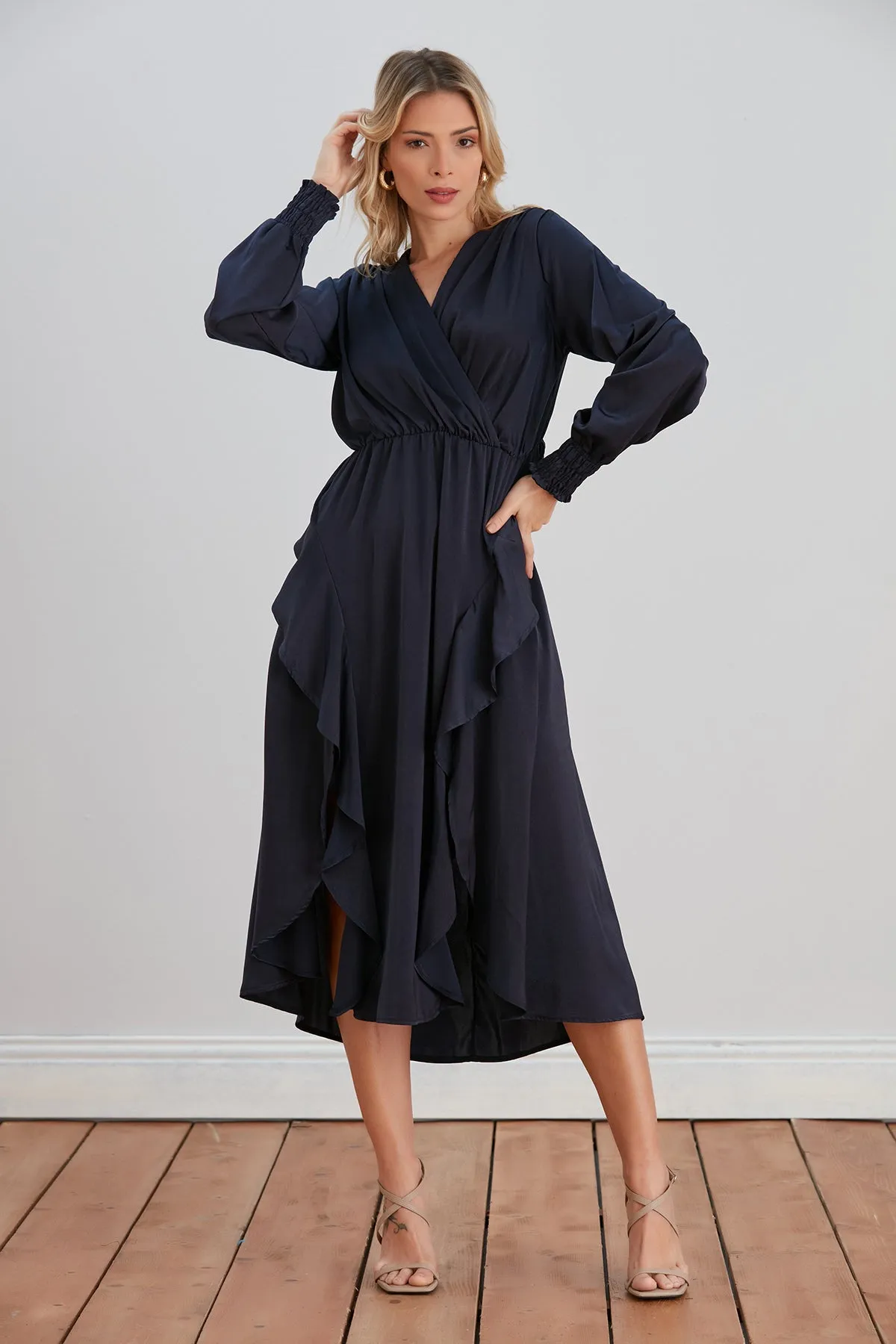 Frill Accent Slit Midi Dress in Navy