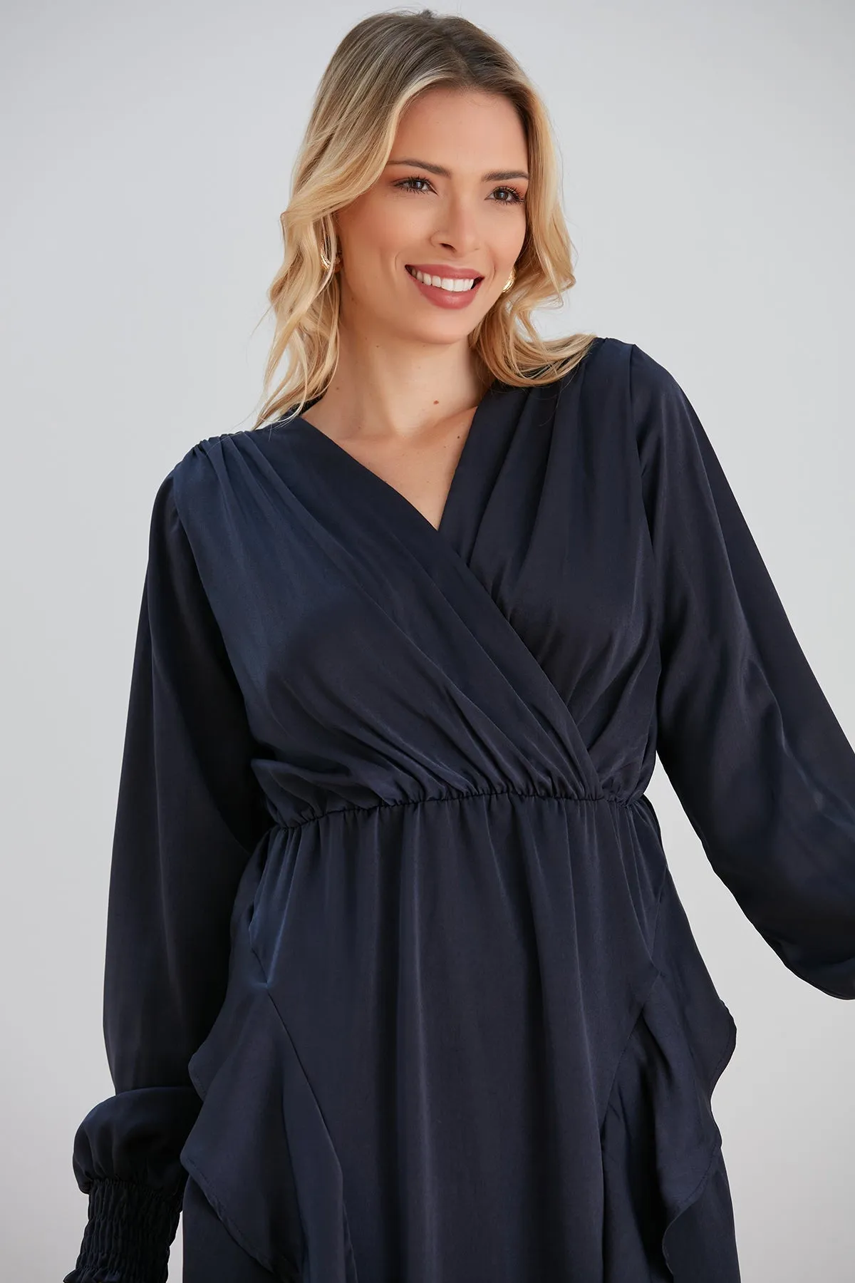 Frill Accent Slit Midi Dress in Navy