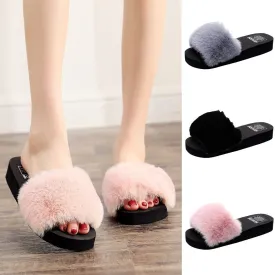 Fur Non-Slip Wedge Open Toe Slippers