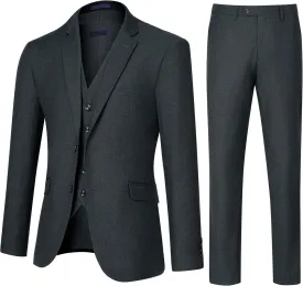 Men's Slim Fit 3 Piece Suit Set, Two Button Solid Blazer Jacket with Multi-Functional Pockets for Business/Party