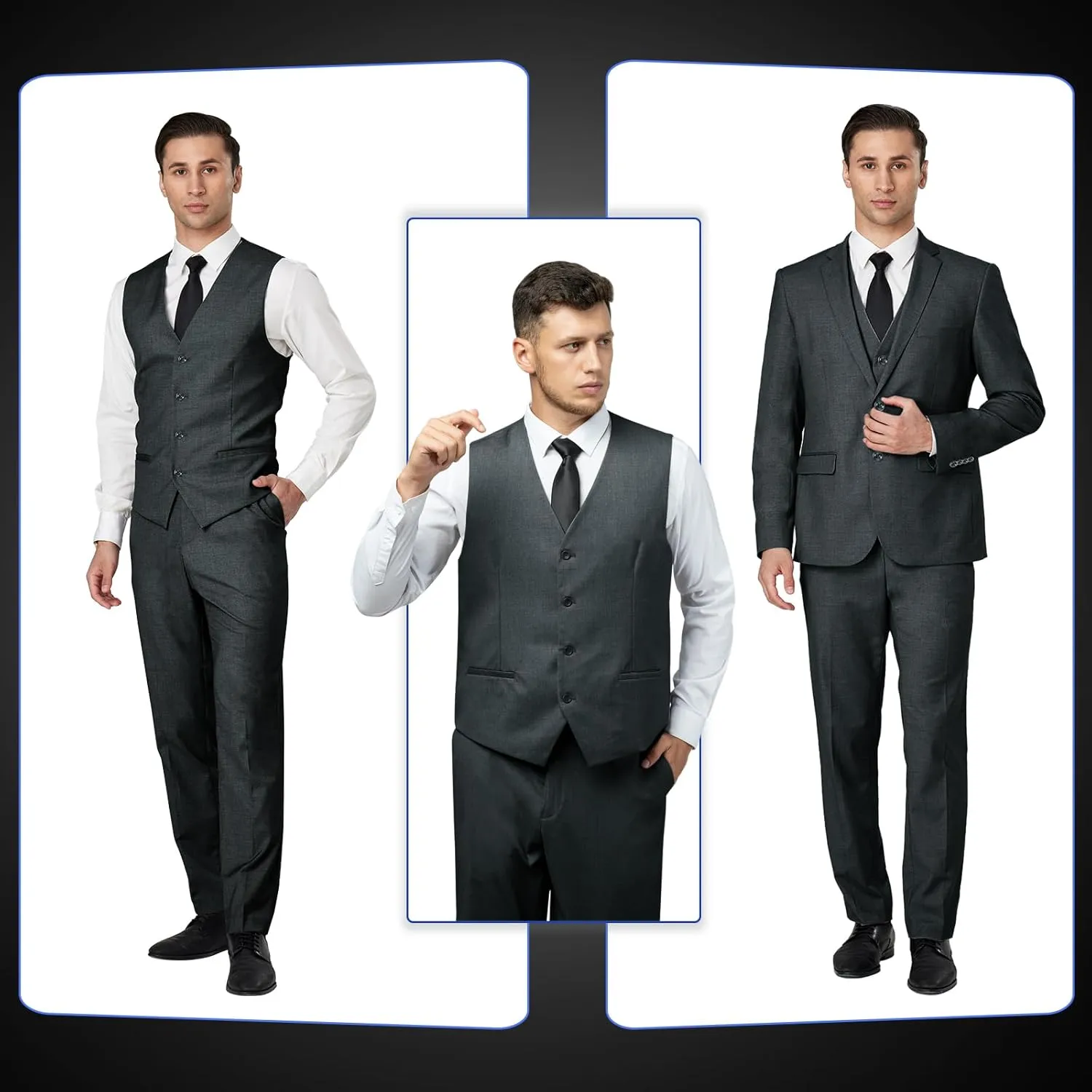 Men's Slim Fit 3 Piece Suit Set, Two Button Solid Blazer Jacket with Multi-Functional Pockets for Business/Party