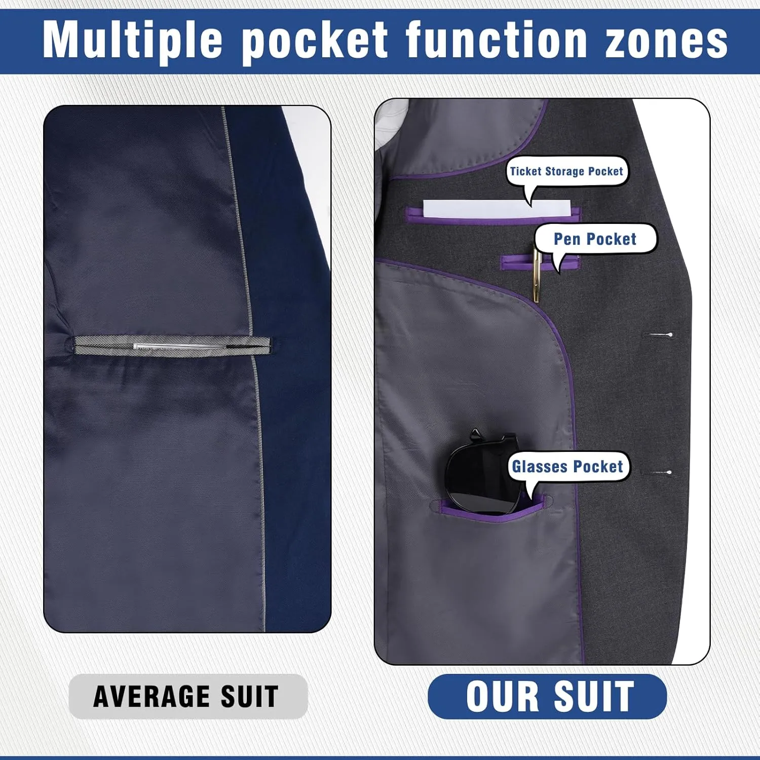 Men's Slim Fit 3 Piece Suit Set, Two Button Solid Blazer Jacket with Multi-Functional Pockets for Business/Party