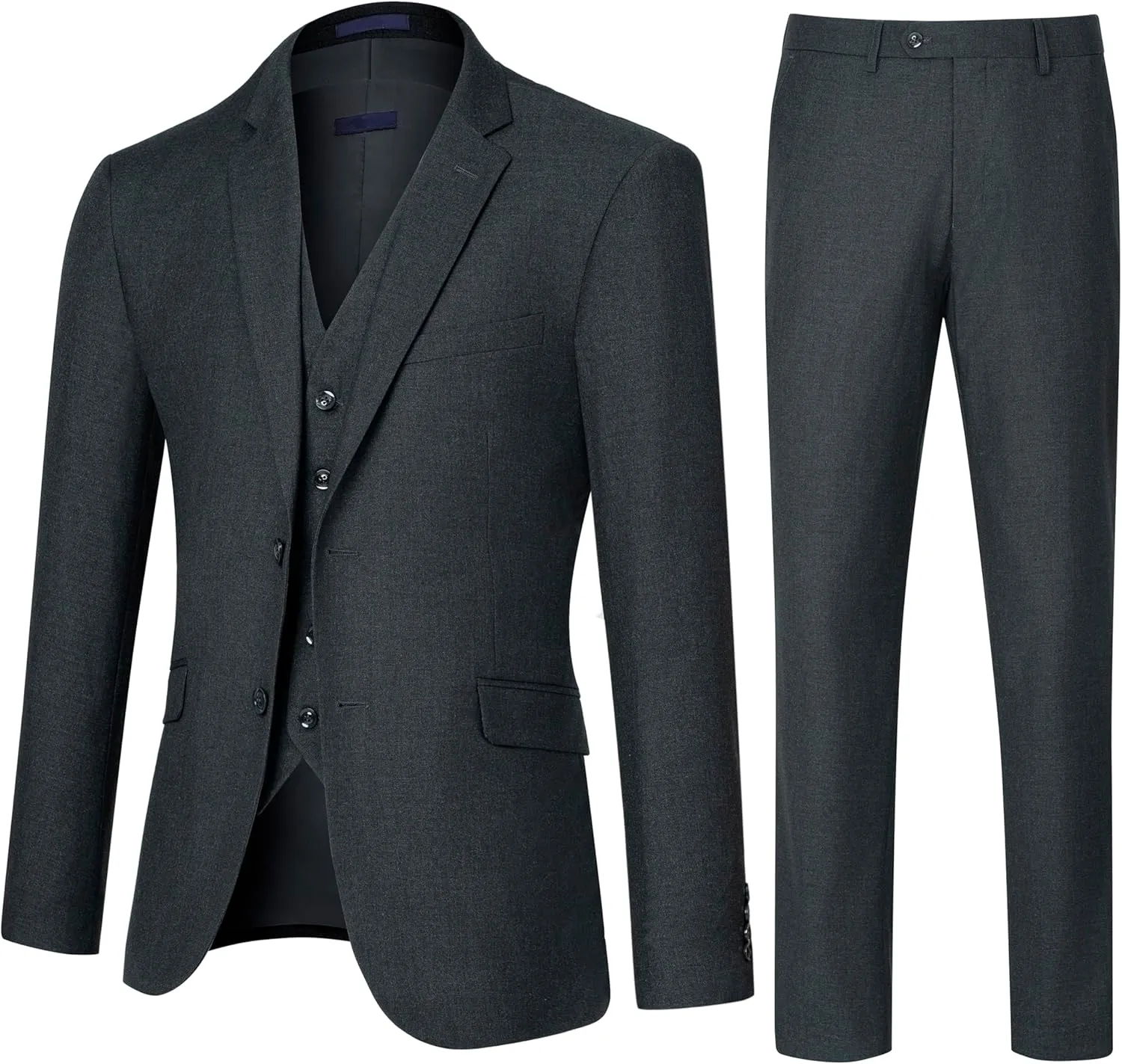 Men's Slim Fit 3 Piece Suit Set, Two Button Solid Blazer Jacket with Multi-Functional Pockets for Business/Party