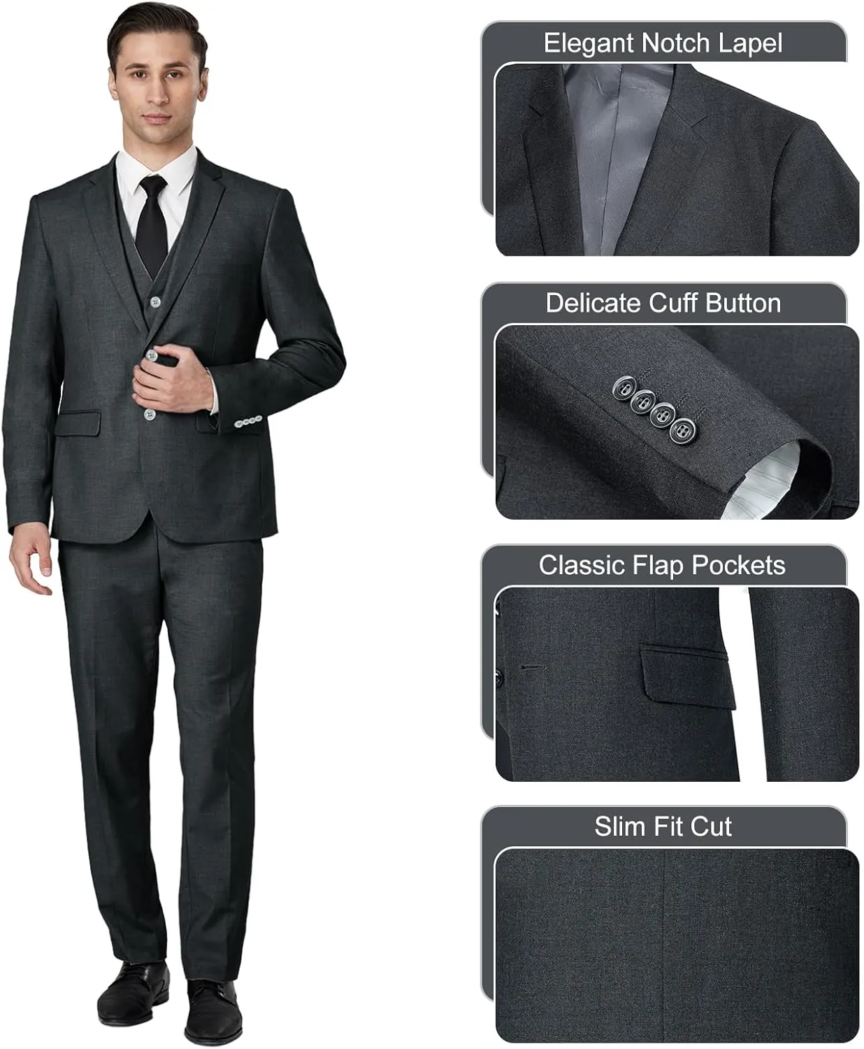 Men's Slim Fit 3 Piece Suit Set, Two Button Solid Blazer Jacket with Multi-Functional Pockets for Business/Party