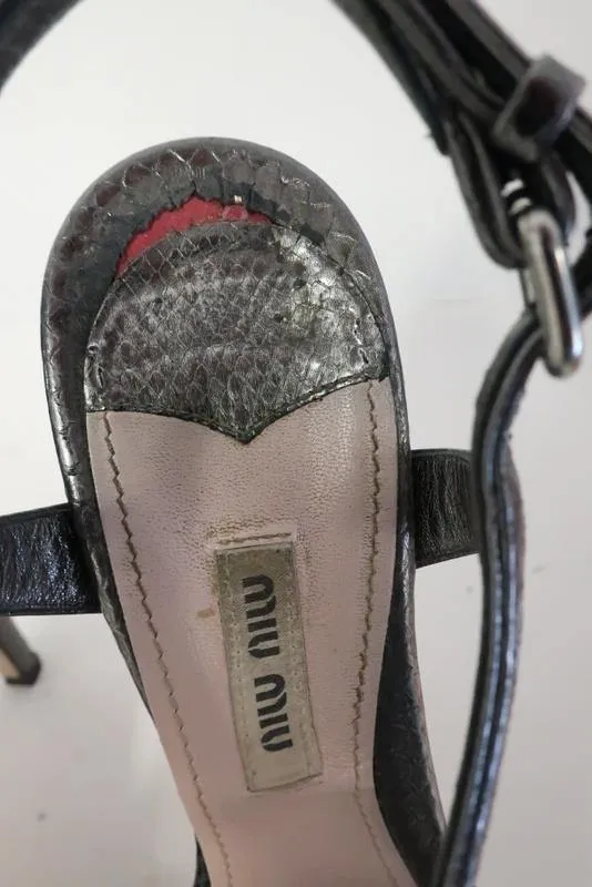 Miu Miu Platform Sandals Anthracite Snakeskin Size 39 Strappy Slingback Heel
