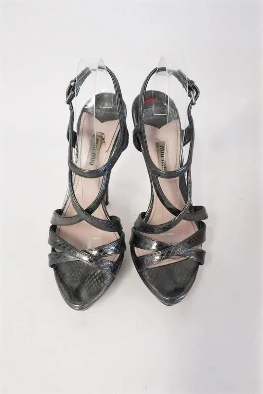 Miu Miu Platform Sandals Anthracite Snakeskin Size 39 Strappy Slingback Heel
