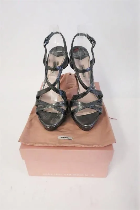 Miu Miu Platform Sandals Anthracite Snakeskin Size 39 Strappy Slingback Heel