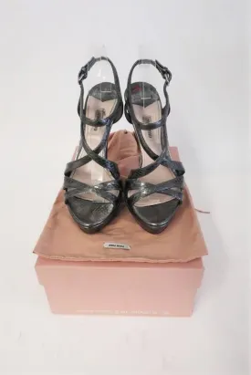 Miu Miu Platform Sandals Anthracite Snakeskin Size 39 Strappy Slingback Heel