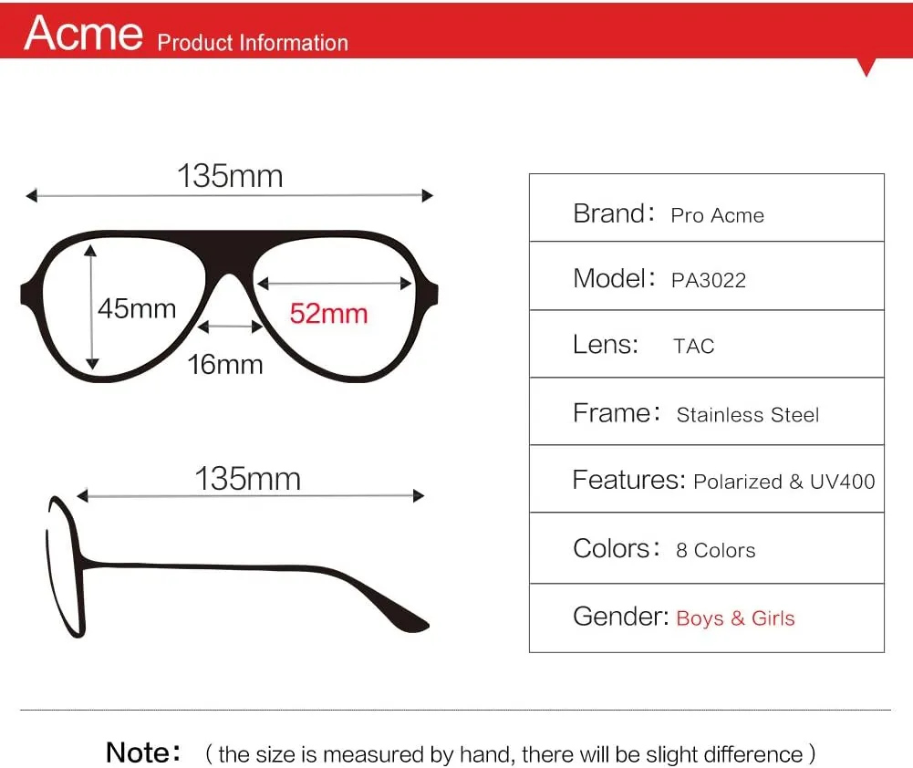 Pro Acme Kids Aviator Sunglasses for Boys Girls, Polarized Small Face for Youth Juniors Age 3-18, with Two Sizes 50MM 52MM