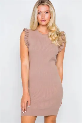 Ruffle Sleeve Mocha Knit Ribbed Bodycon Mini Dress
