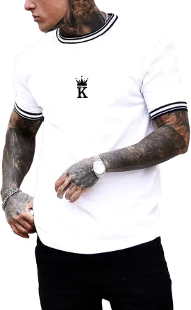 SOLY HUX Men's Crown Letter Print Striped Trim Tee Tops Short Sleeve Crew Neck Summer T Shirt