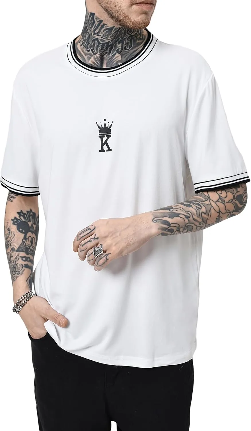 SOLY HUX Men's Crown Letter Print Striped Trim Tee Tops Short Sleeve Crew Neck Summer T Shirt