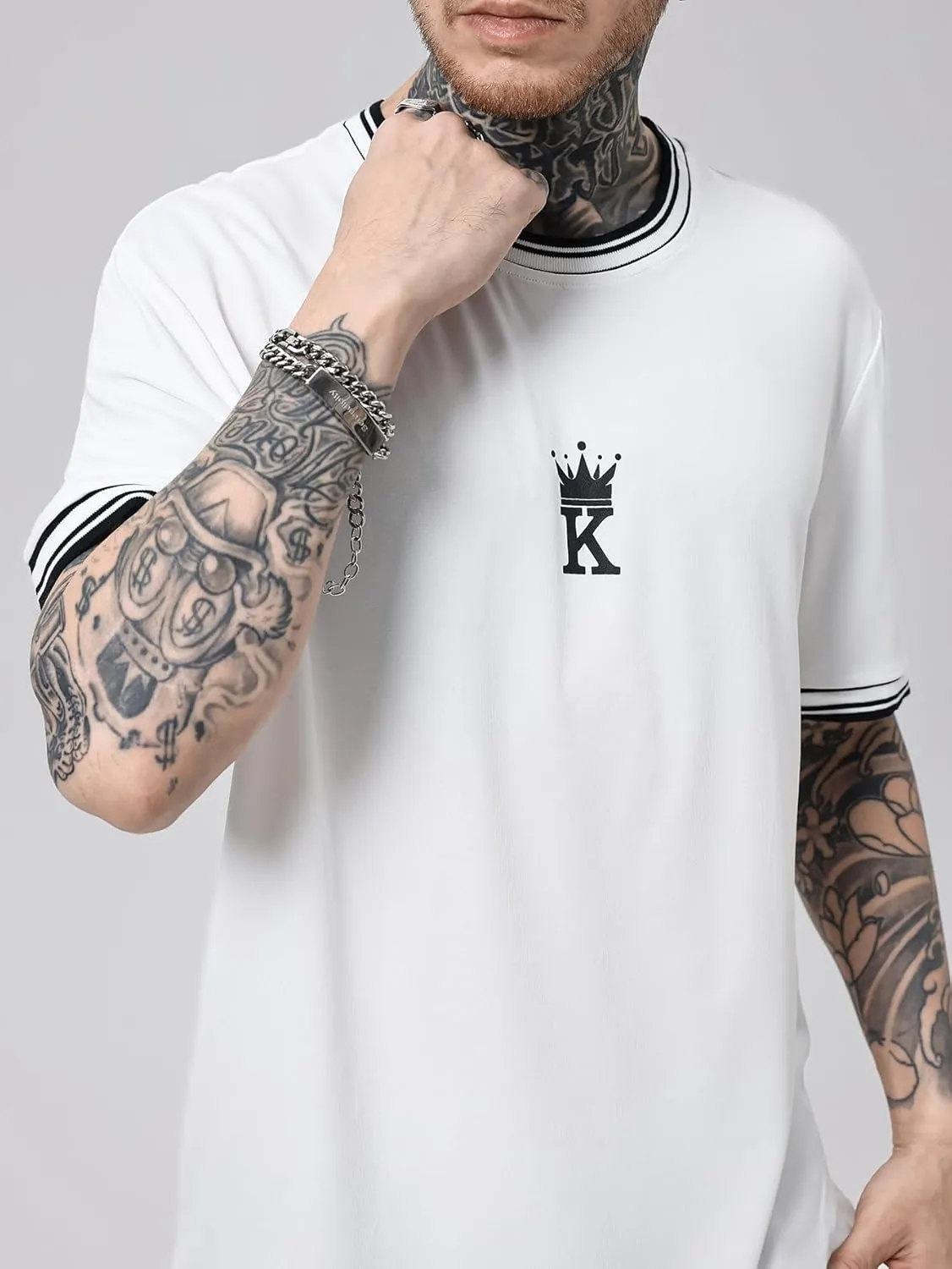 SOLY HUX Men's Crown Letter Print Striped Trim Tee Tops Short Sleeve Crew Neck Summer T Shirt