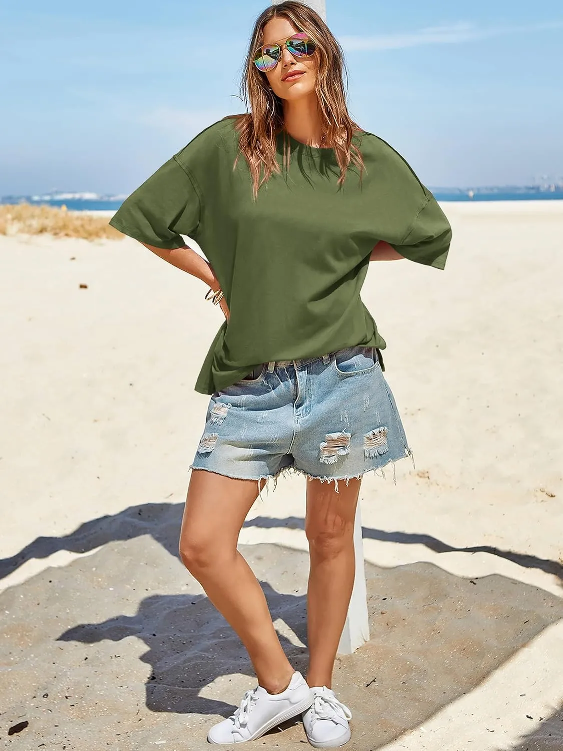 Tankaneo Womens Oversized Tshirts Summer Casual Short Sleeve Crew Neck T Shirt Loose Fit Side Slit Tee Tops