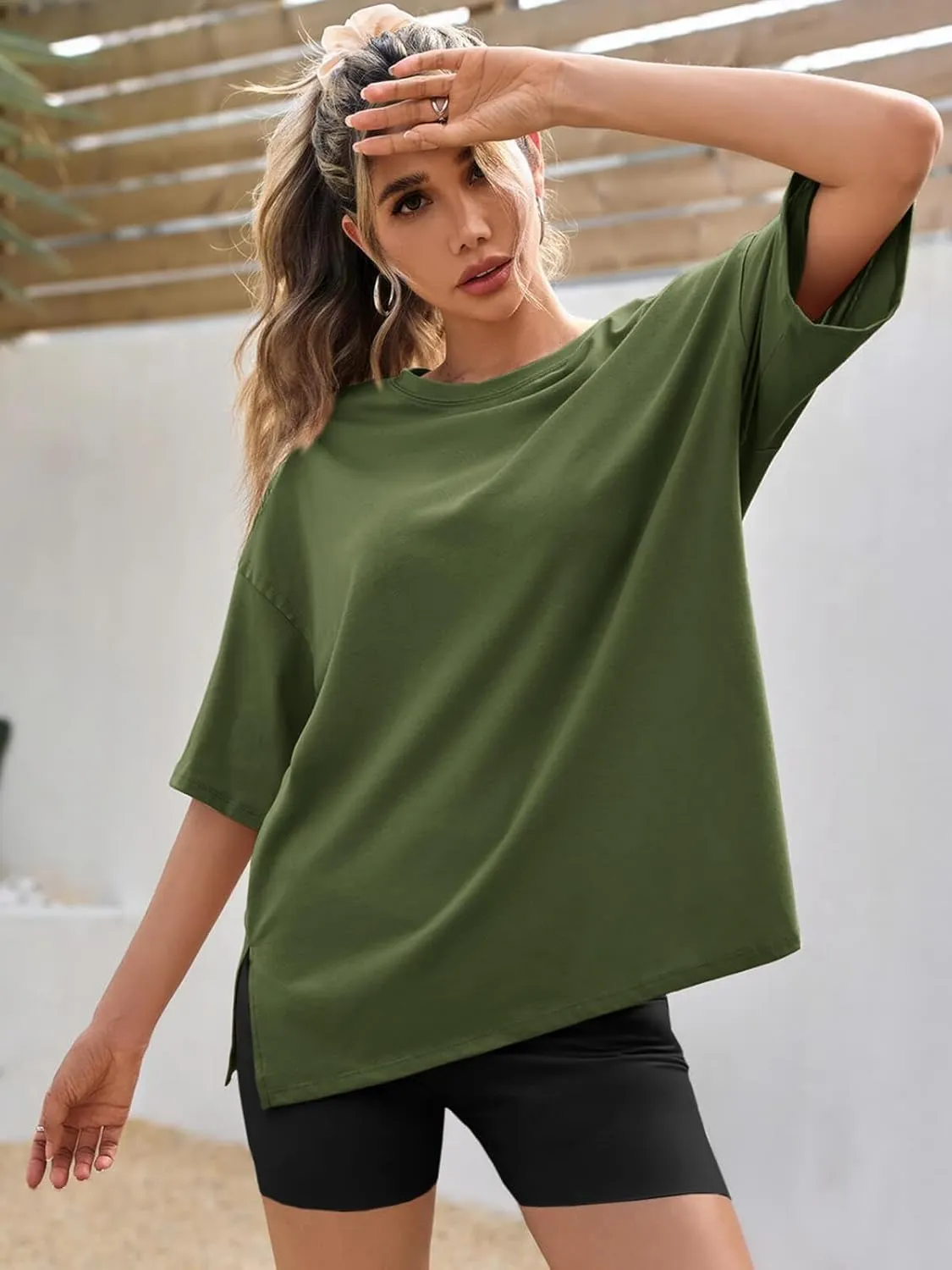 Tankaneo Womens Oversized Tshirts Summer Casual Short Sleeve Crew Neck T Shirt Loose Fit Side Slit Tee Tops