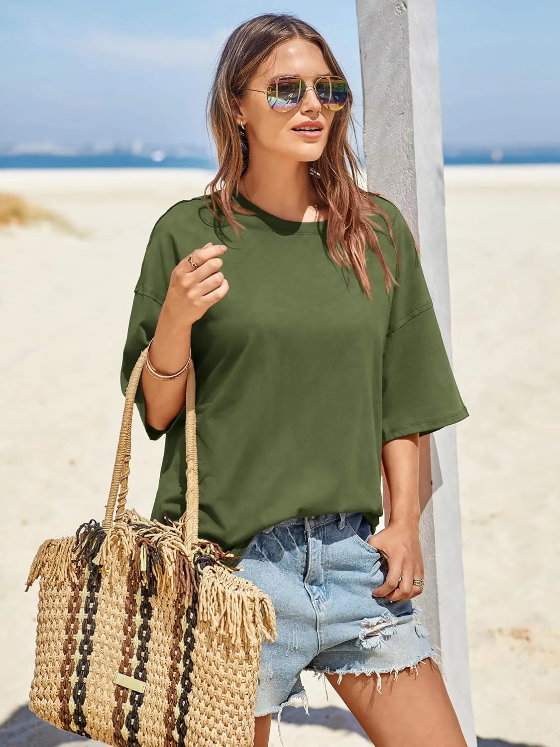 Tankaneo Womens Oversized Tshirts Summer Casual Short Sleeve Crew Neck T Shirt Loose Fit Side Slit Tee Tops
