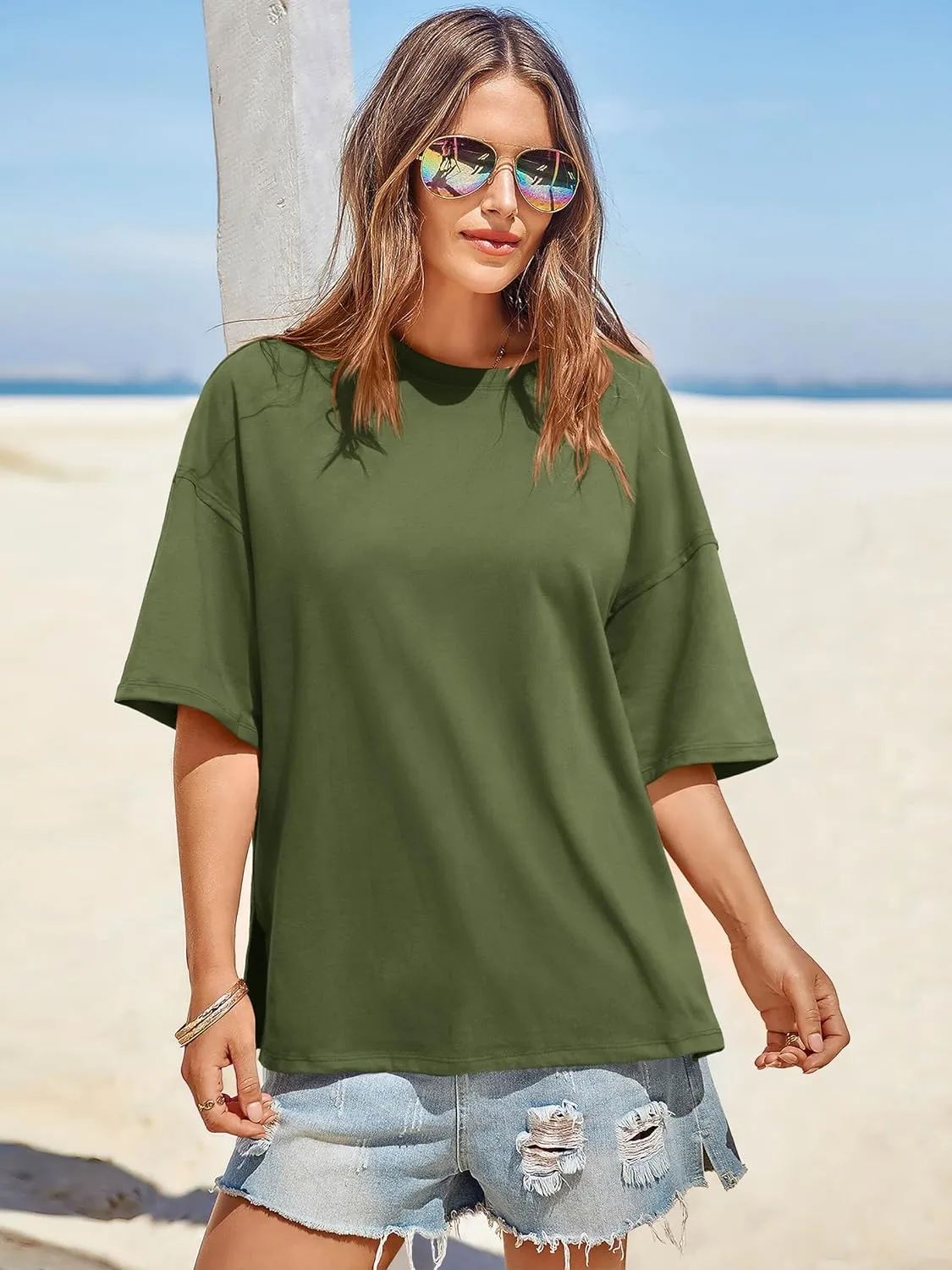 Tankaneo Womens Oversized Tshirts Summer Casual Short Sleeve Crew Neck T Shirt Loose Fit Side Slit Tee Tops