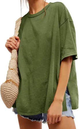 Tankaneo Womens Oversized Tshirts Summer Casual Short Sleeve Crew Neck T Shirt Loose Fit Side Slit Tee Tops