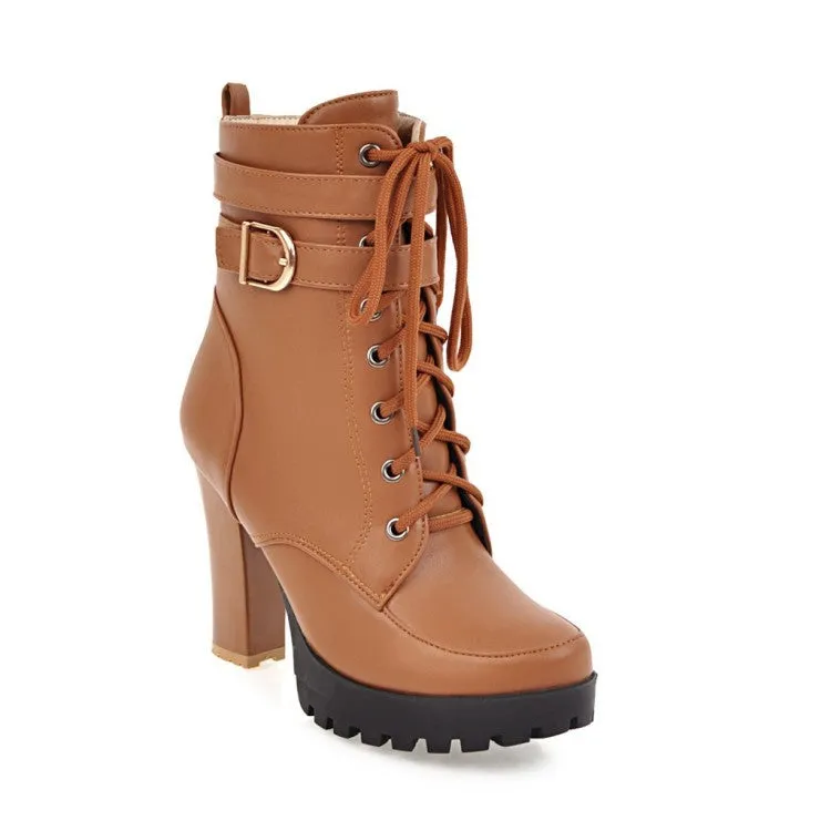 Women Buckle Strap Lace Up Heeled Combat Boots