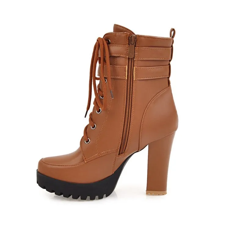 Women Buckle Strap Lace Up Heeled Combat Boots