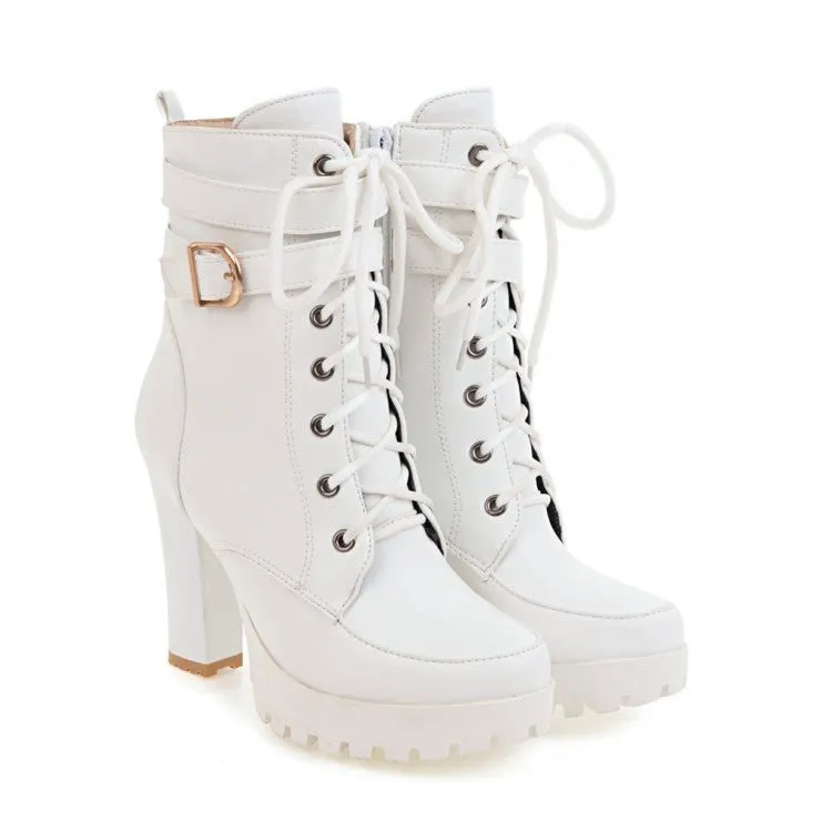 Women Buckle Strap Lace Up Heeled Combat Boots