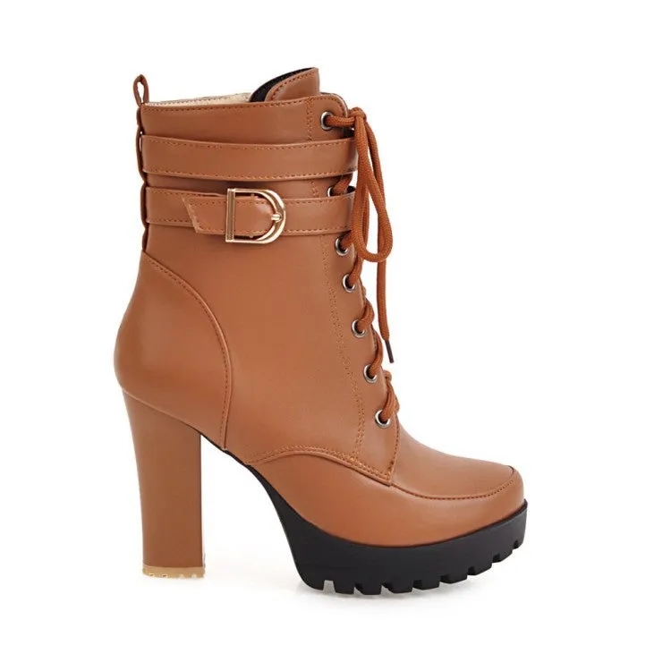 Women Buckle Strap Lace Up Heeled Combat Boots
