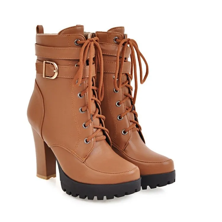 Women Buckle Strap Lace Up Heeled Combat Boots