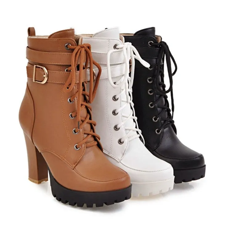 Women Buckle Strap Lace Up Heeled Combat Boots