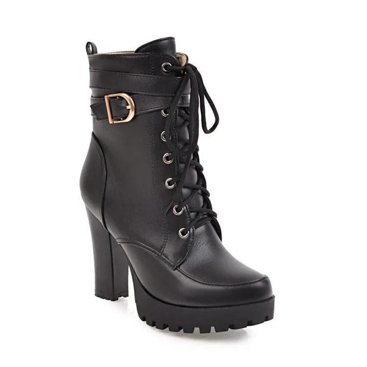 Women Buckle Strap Lace Up Heeled Combat Boots