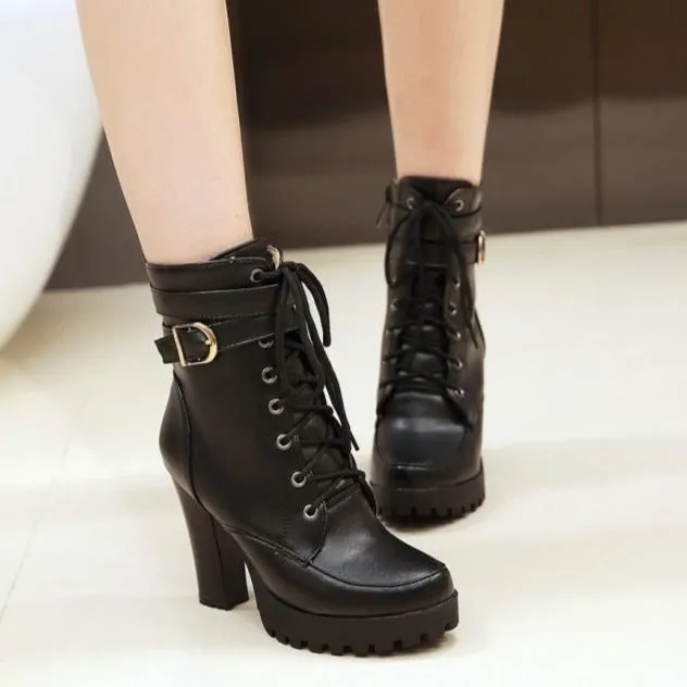 Women Buckle Strap Lace Up Heeled Combat Boots