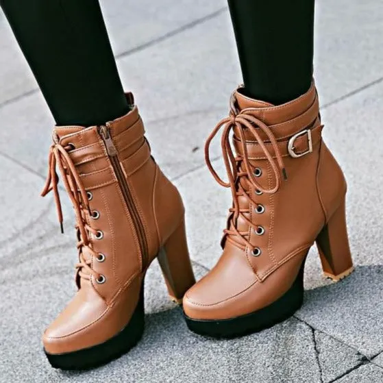 Women Buckle Strap Lace Up Heeled Combat Boots