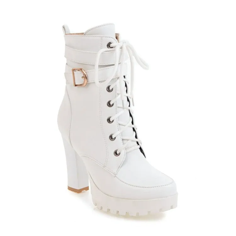 Women Buckle Strap Lace Up Heeled Combat Boots